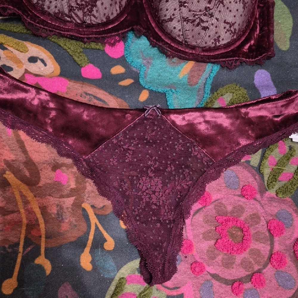 Victoria's Secret Velvet And Lace Bra And Thong Set in Deep Burgundy - Picture 3 of 12